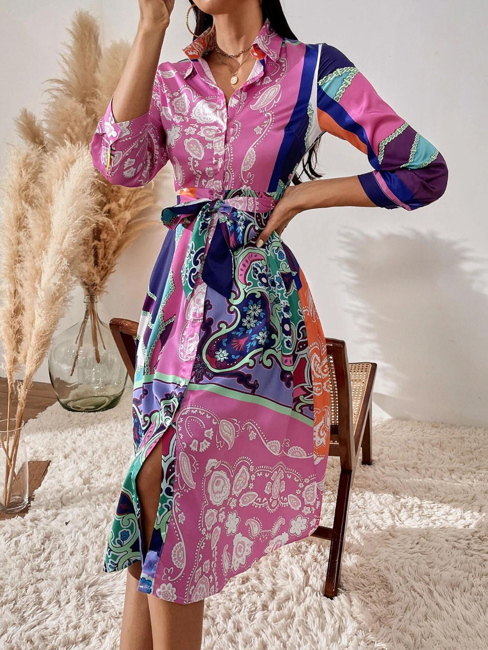 Bedrucktes Hemdkleid Mit Gürtel
