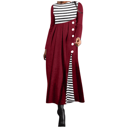 Gestreiftes Langärmeliges Patchwork-Kleid Für Damen