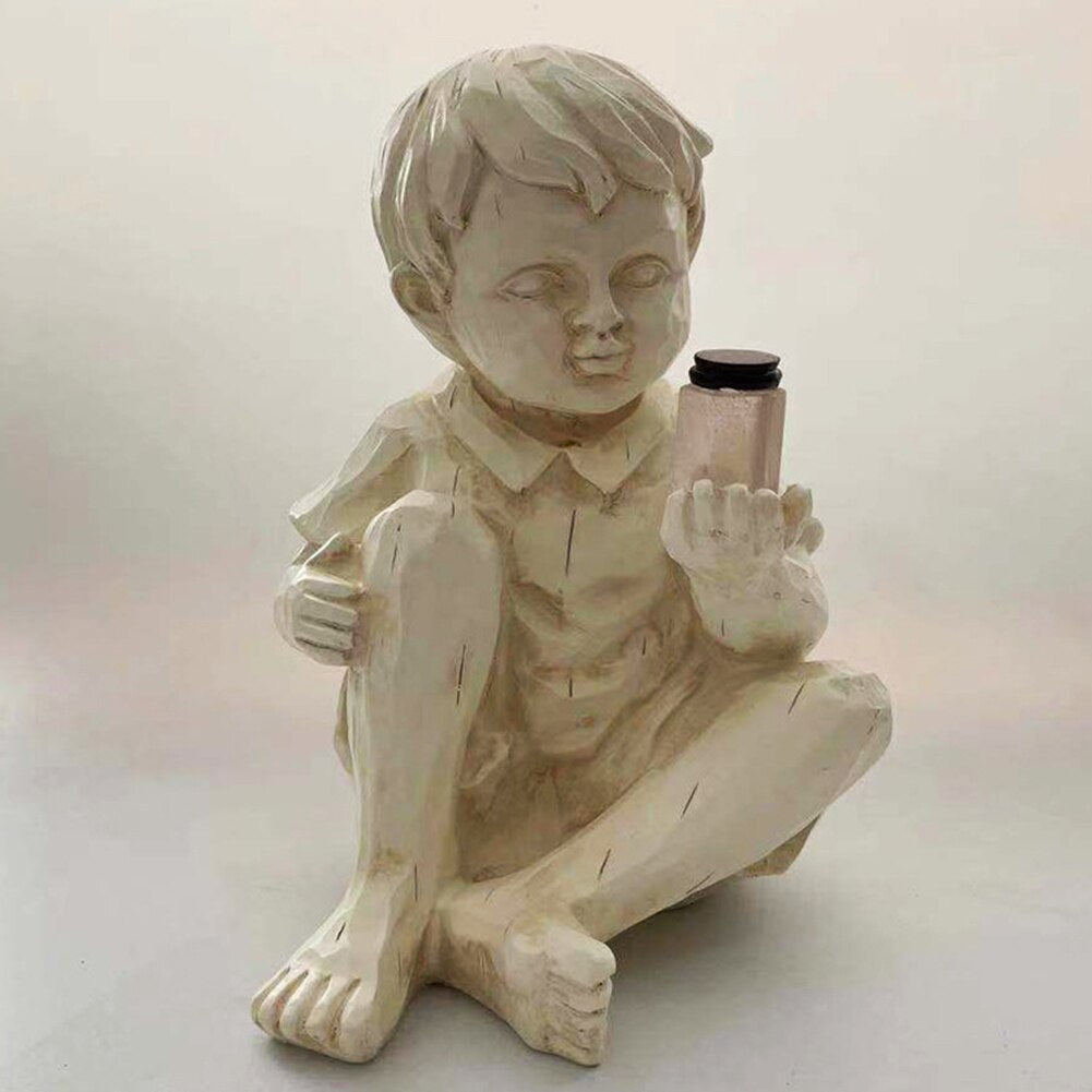 Kinder Mit Solar-Glühwürmchen Gartenstatuen