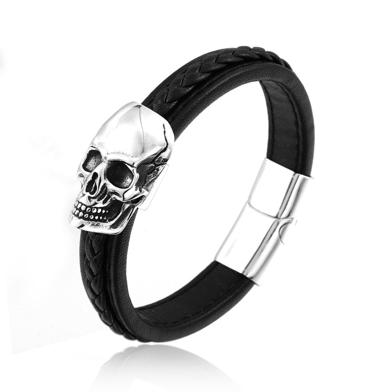 Stahl-Punk-Totenkopf-Lederarmband
