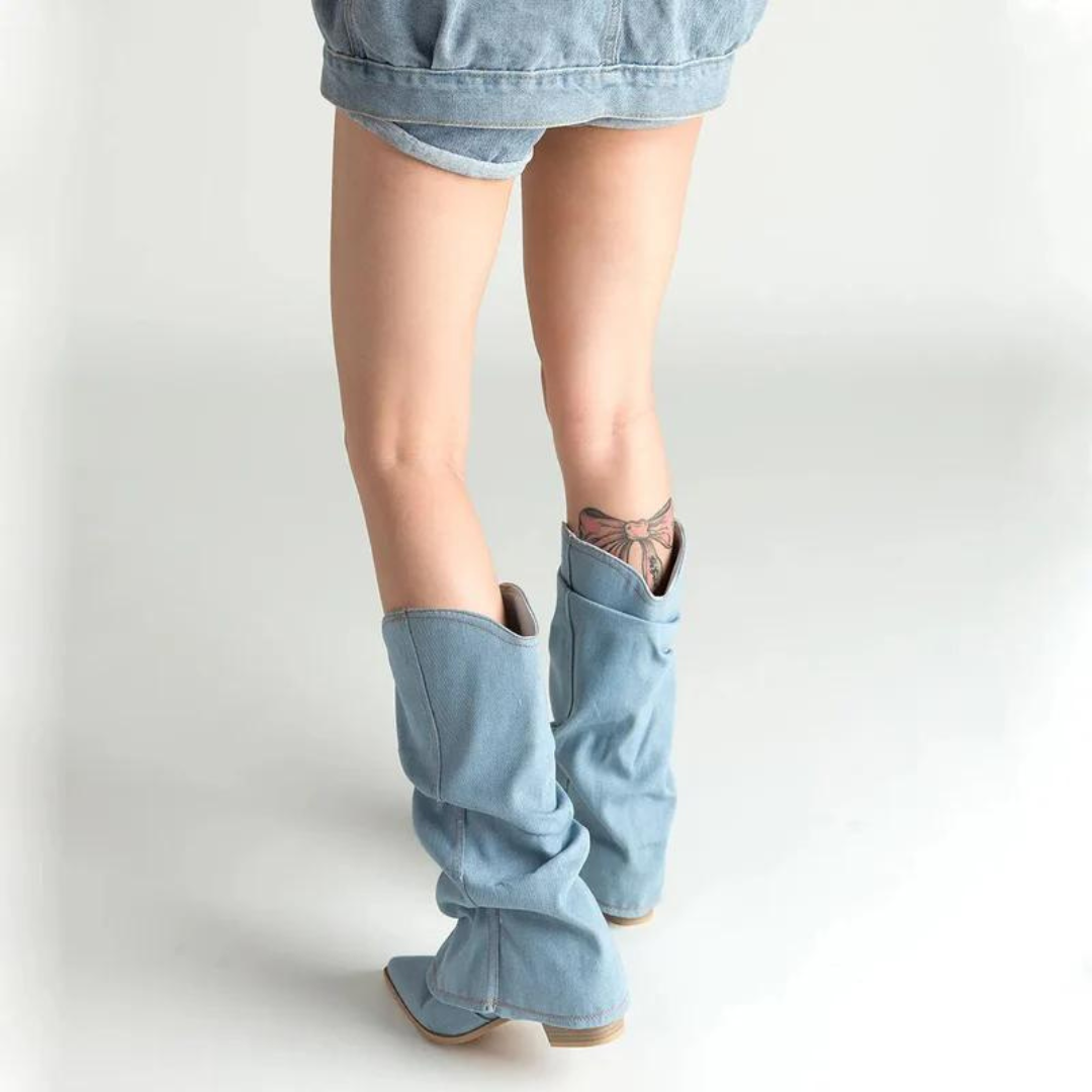 Denimlaarzen voor dames met blokhakken