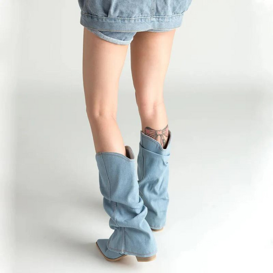 Denimlaarzen voor dames met blokhakken