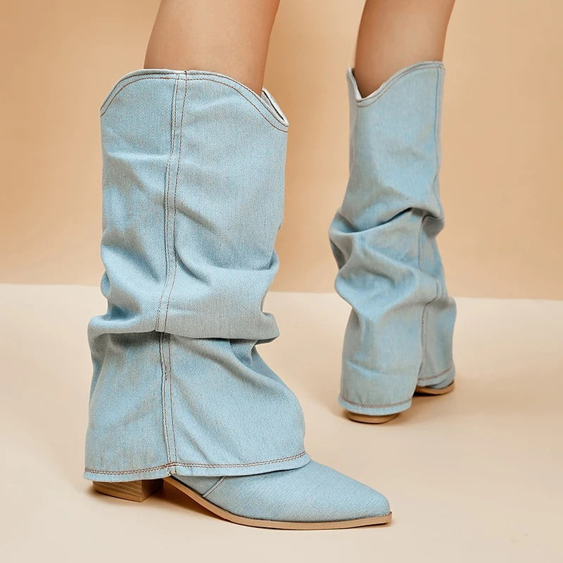 Denimlaarzen voor dames met blokhakken