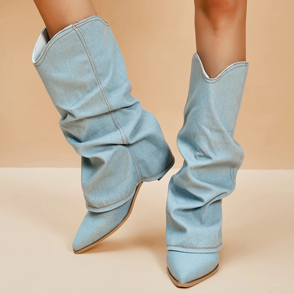 Denimlaarzen voor dames met blokhakken