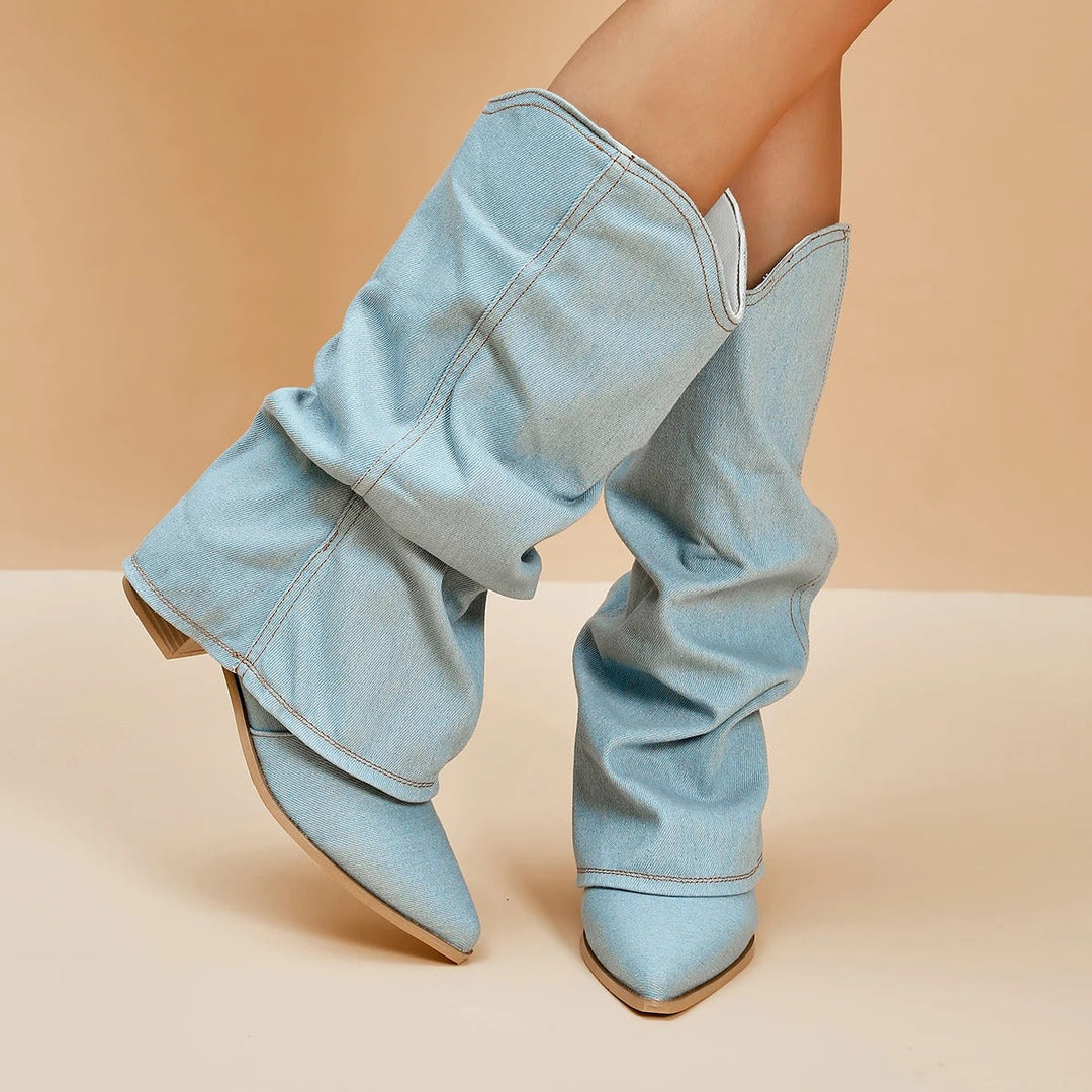Denimlaarzen voor dames met blokhakken